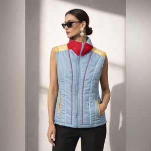 Vintage Scoo Red Blue Cream L Puffer Ski Vest 1960 70s Full Zip Up Retro Unisex